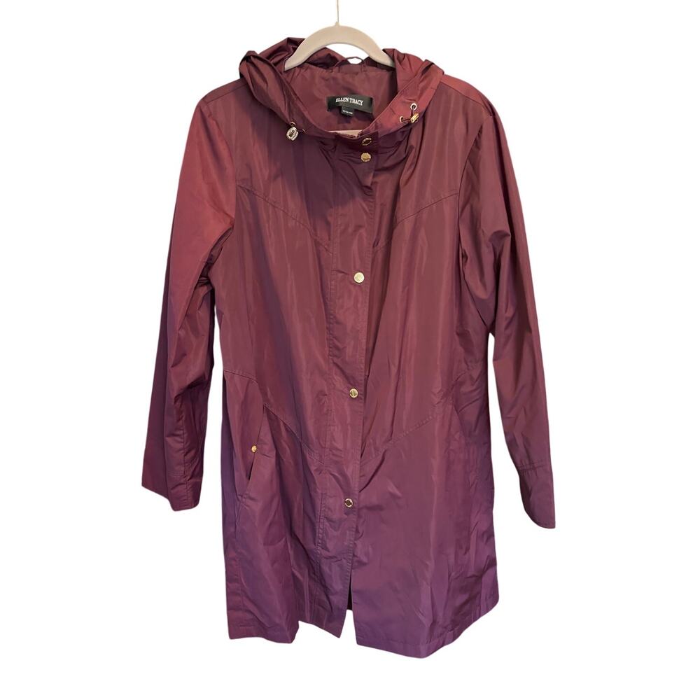 Ellen Tracy Women Burgundy Hooded Raincoat Gold Snap Packable Size 1X(16)